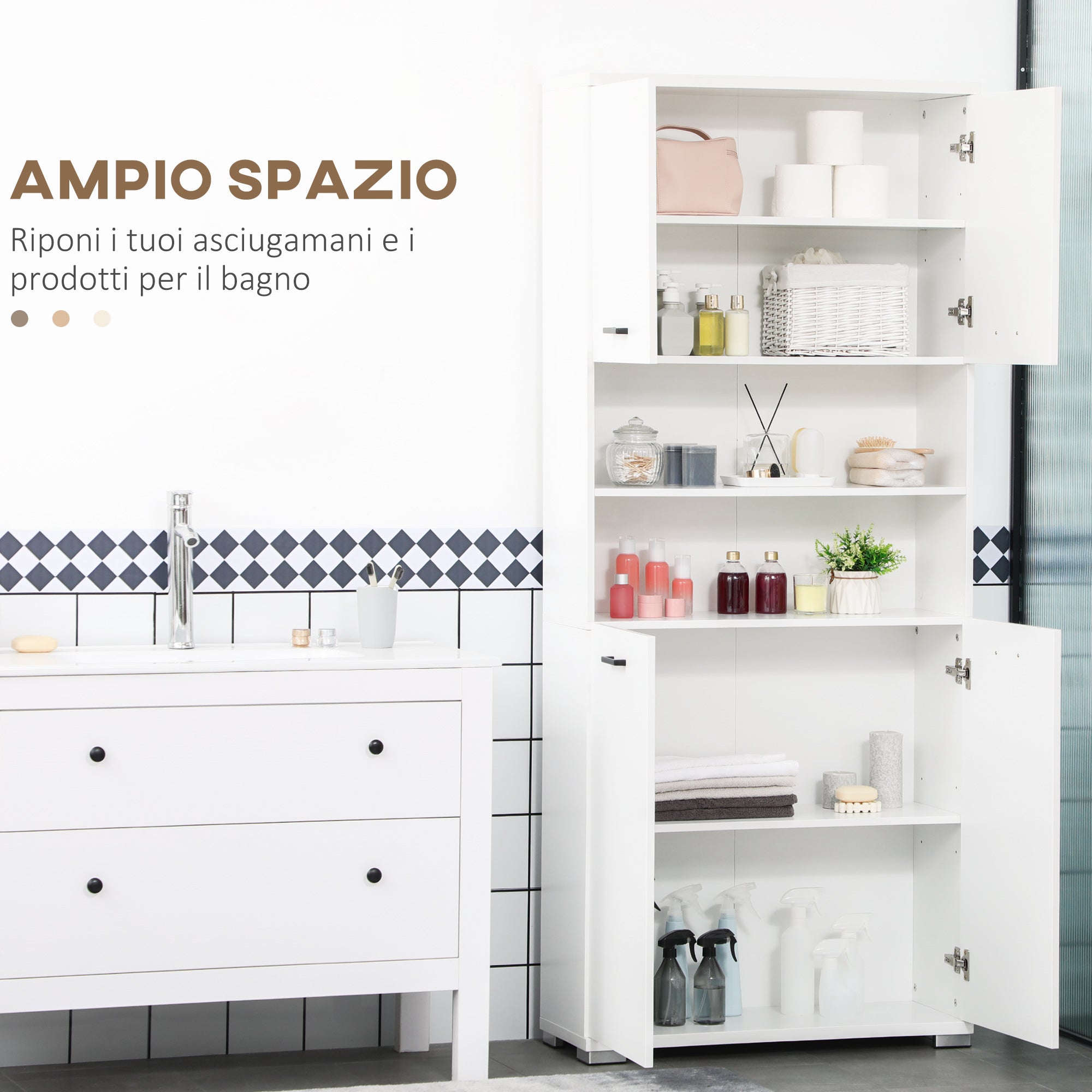 EasyComfort Mobile Bagno in Truciolato Bianco con 2 Armadietti con Ante e 2 Ripiani Aperti, 80x33.5x190 cm