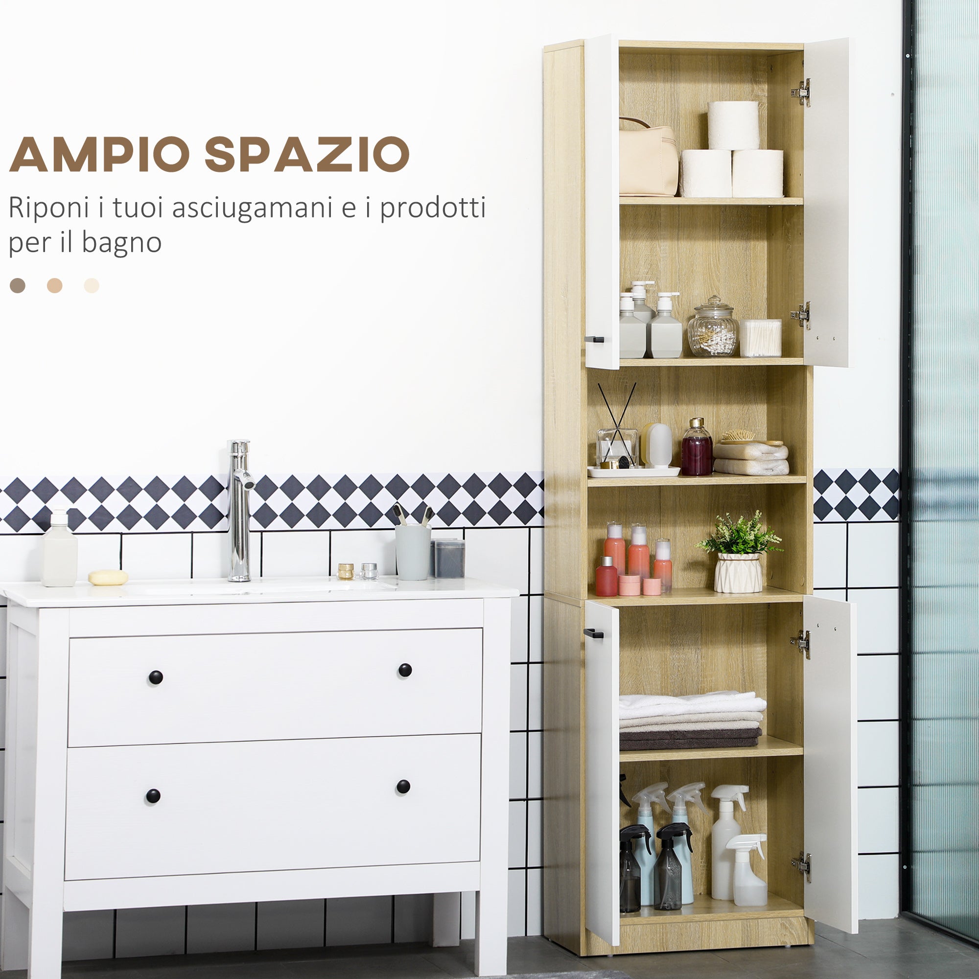 EasyComfort Mobile Bagno in Truciolato Bianco con 2 Armadietti con Ante e 2 Ripiani Aperti, 53x33.5x195.7 cm