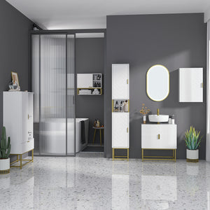 Easycomfort Colonna Bagno con 2 Armadietti e Ripiano in MDF e Acciaio, 30x30x170.7cm, Bianco e Oro