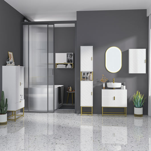 Easycomfort Colonna Bagno con 2 Armadietti e Ripiano in MDF e Acciaio, 30x30x170.7cm, Bianco e Oro