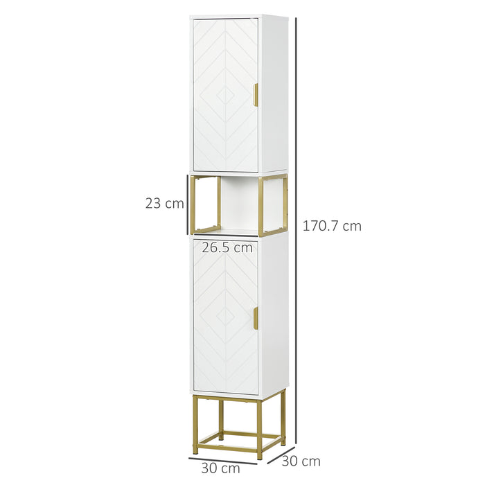 Easycomfort Colonna Bagno con 2 Armadietti e Ripiano in MDF e Acciaio, 30x30x170.7cm, Bianco e Oro