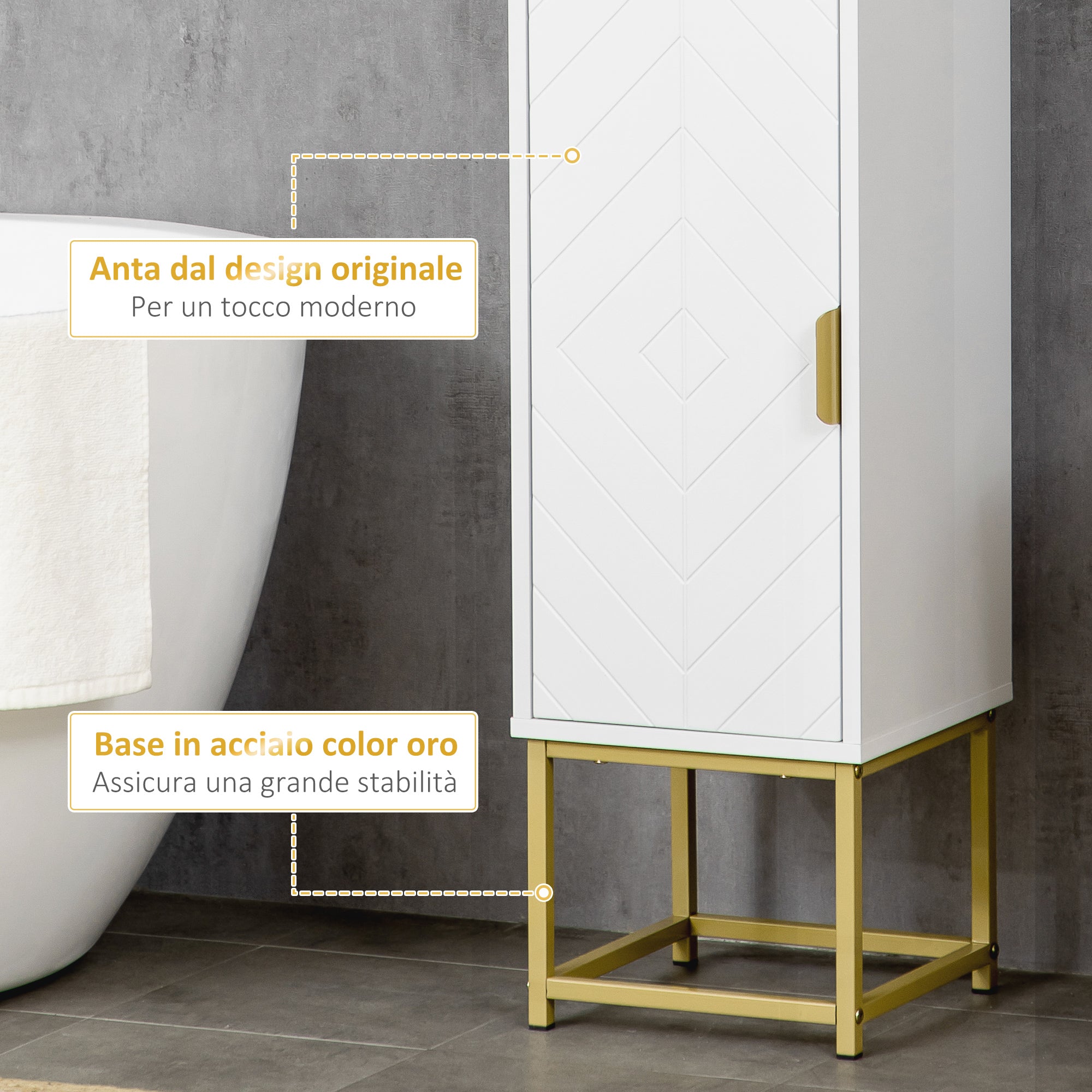 Easycomfort Colonna Bagno con 2 Armadietti e Ripiano in MDF e Acciaio, 30x30x170.7cm, Bianco e Oro