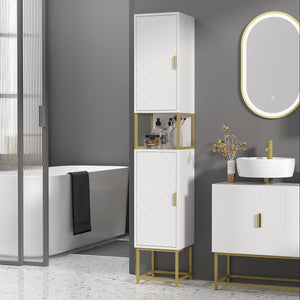 Easycomfort Colonna Bagno con 2 Armadietti e Ripiano in MDF e Acciaio, 30x30x170.7cm, Bianco e Oro
