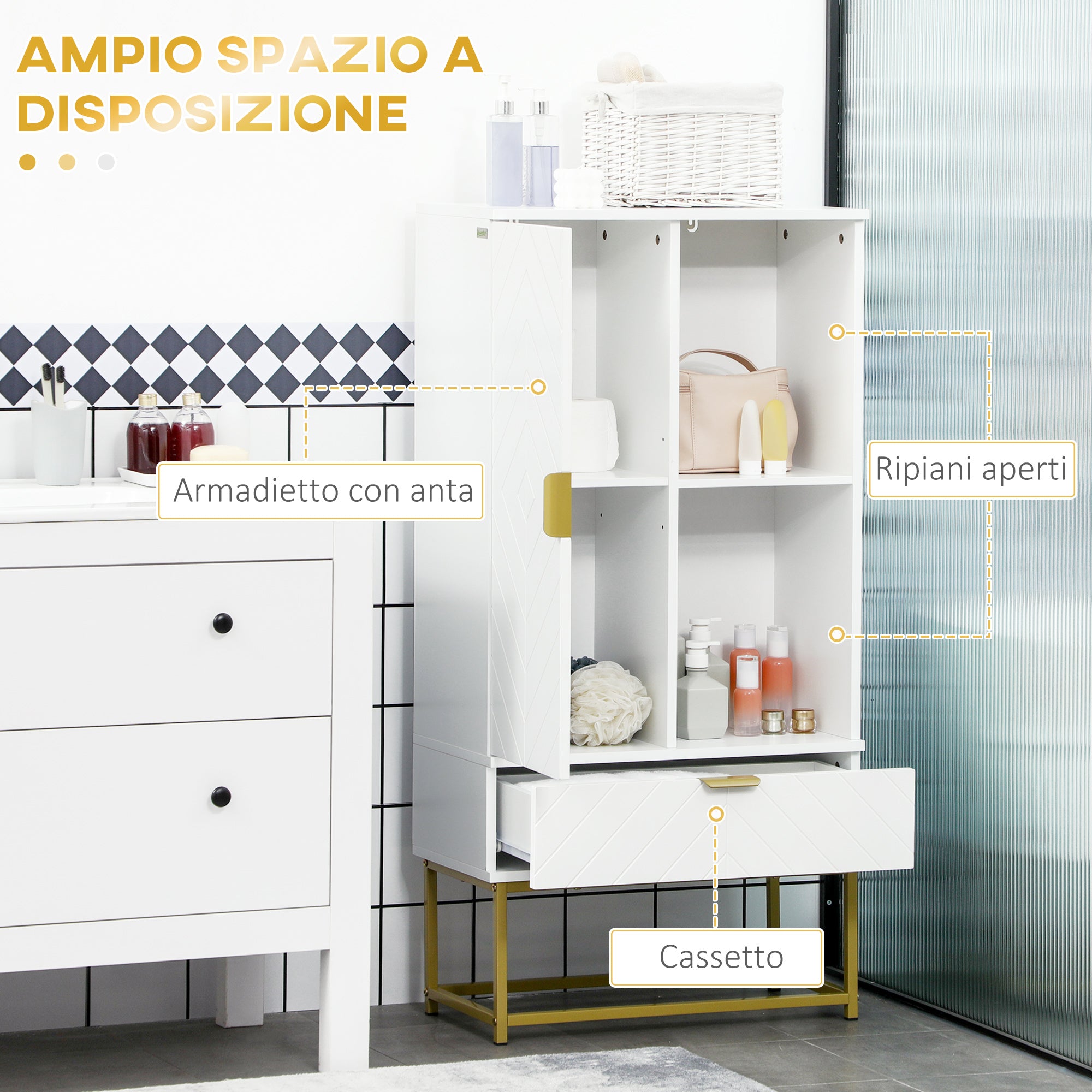 EasyComfort Mobiletto Bagno Moderno con Armadietto, Cassetto e Mensola Regolabile, 60x30x120cm, Bianco