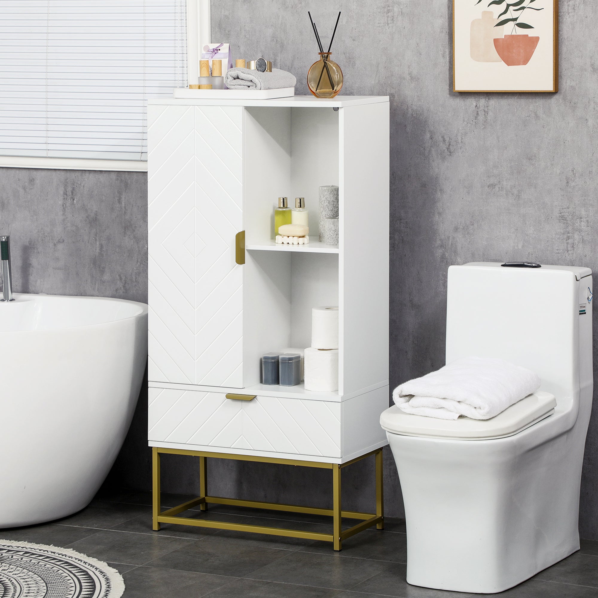 EasyComfort Mobiletto Bagno Moderno con Armadietto, Cassetto e Mensola Regolabile, 60x30x120cm, Bianco