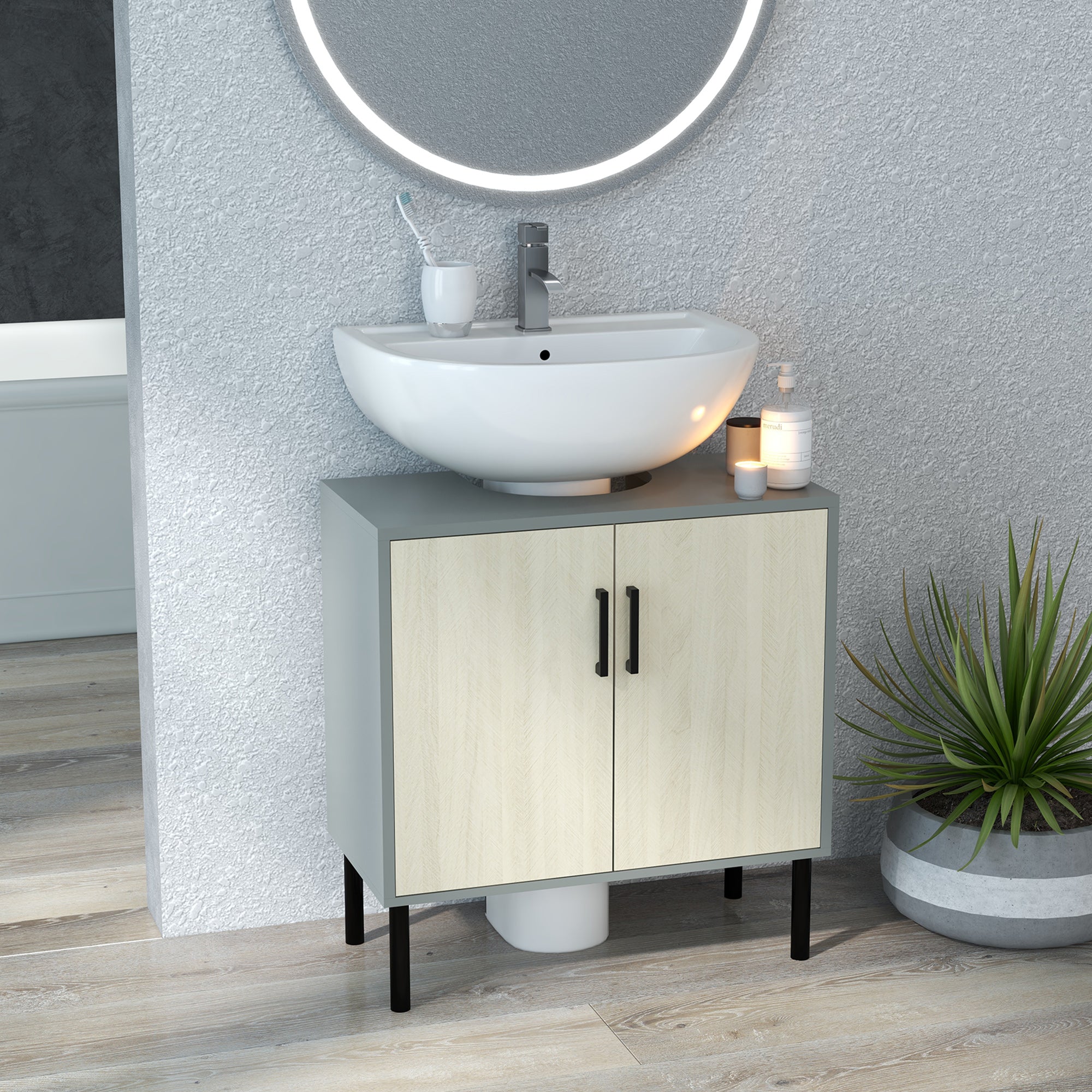 Easycomfort Mobile Bagno sottolavabo con Doppia anta e ripiano in Truciolato, 60x30x60cm, Grigio e color Quercia