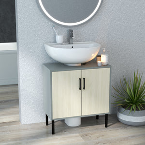 Easycomfort Mobile Bagno sottolavabo con Doppia anta e ripiano in Truciolato, 60x30x60cm, Grigio e color Quercia
