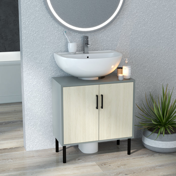 Easycomfort Mobile Bagno sottolavabo con Doppia anta e ripiano in Truciolato, 60x30x60cm, Grigio e color Quercia