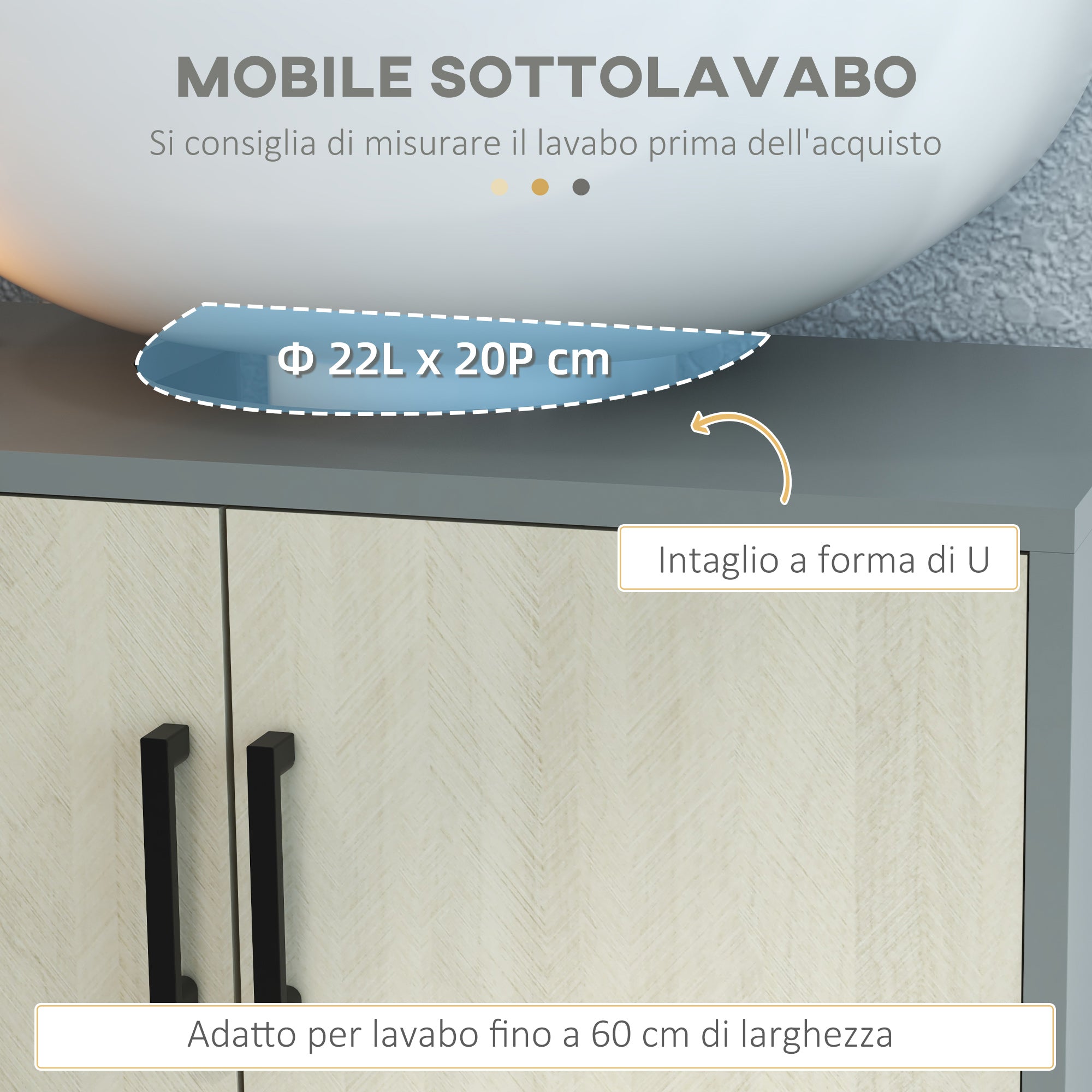 Easycomfort Mobile Bagno sottolavabo con Doppia anta e ripiano in Truciolato, 60x30x60cm, Grigio e color Quercia