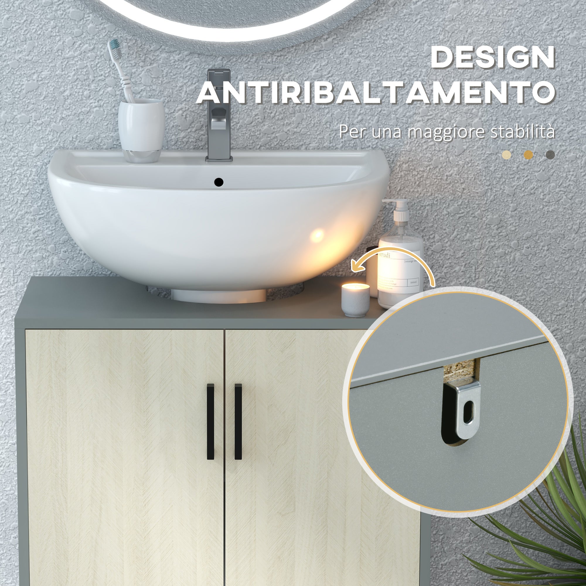 Easycomfort Mobile Bagno sottolavabo con Doppia anta e ripiano in Truciolato, 60x30x60cm, Grigio e color Quercia