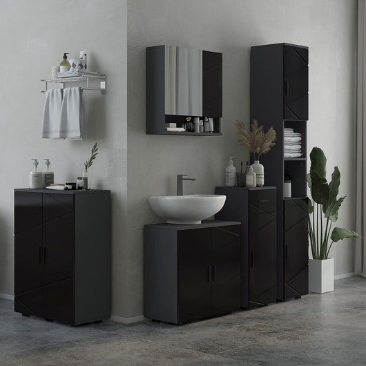 Easycomfort Armadietto con Specchiera Bagno a 2 Ante e Mensole Regolabili in Legno, 55x17x55cm, Nero