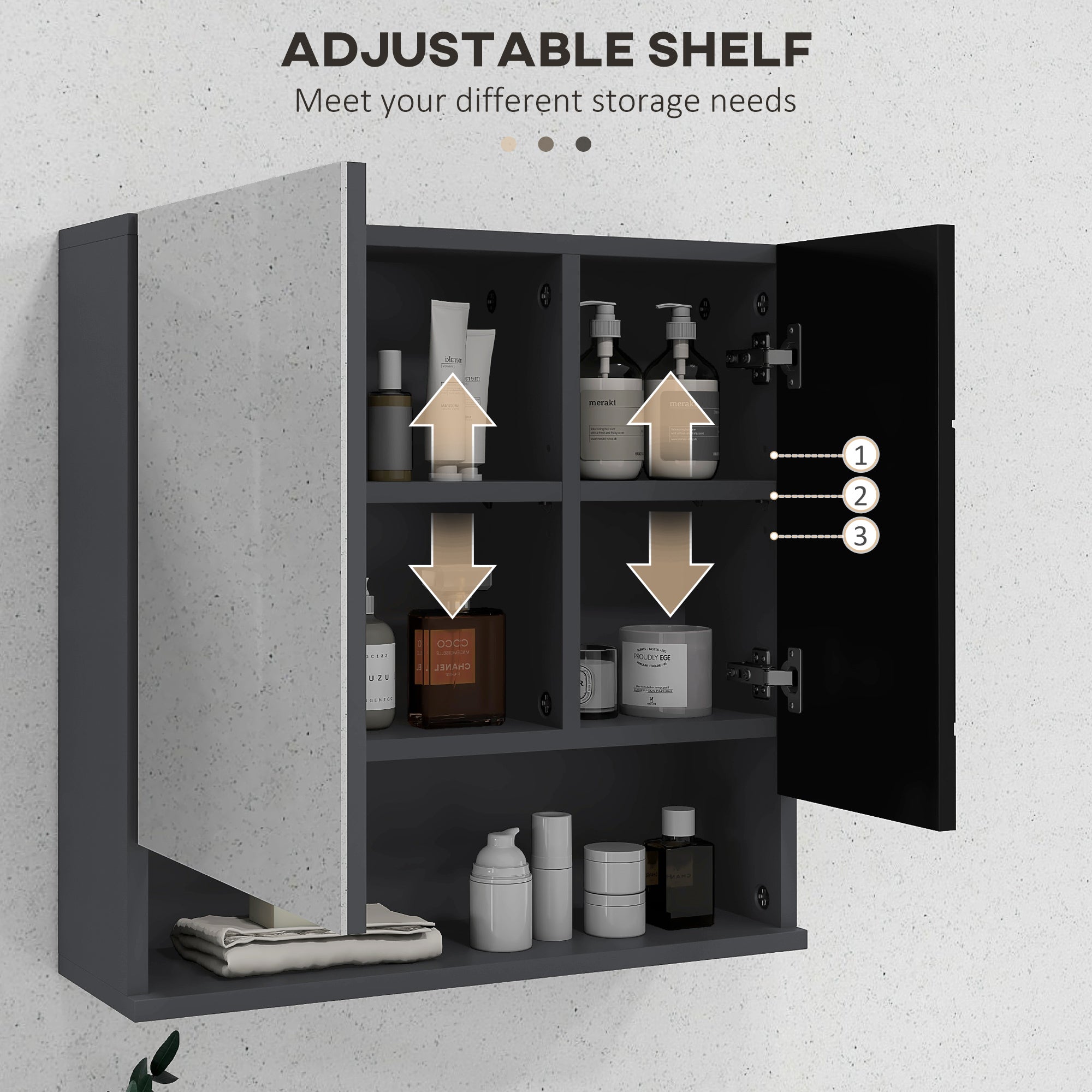 Easycomfort Armadietto con Specchiera Bagno a 2 Ante e Mensole Regolabili in Legno, 55x17x55cm, Nero