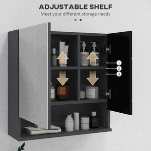 Easycomfort Armadietto con Specchiera Bagno a 2 Ante e Mensole Regolabili in Legno, 55x17x55cm, Nero