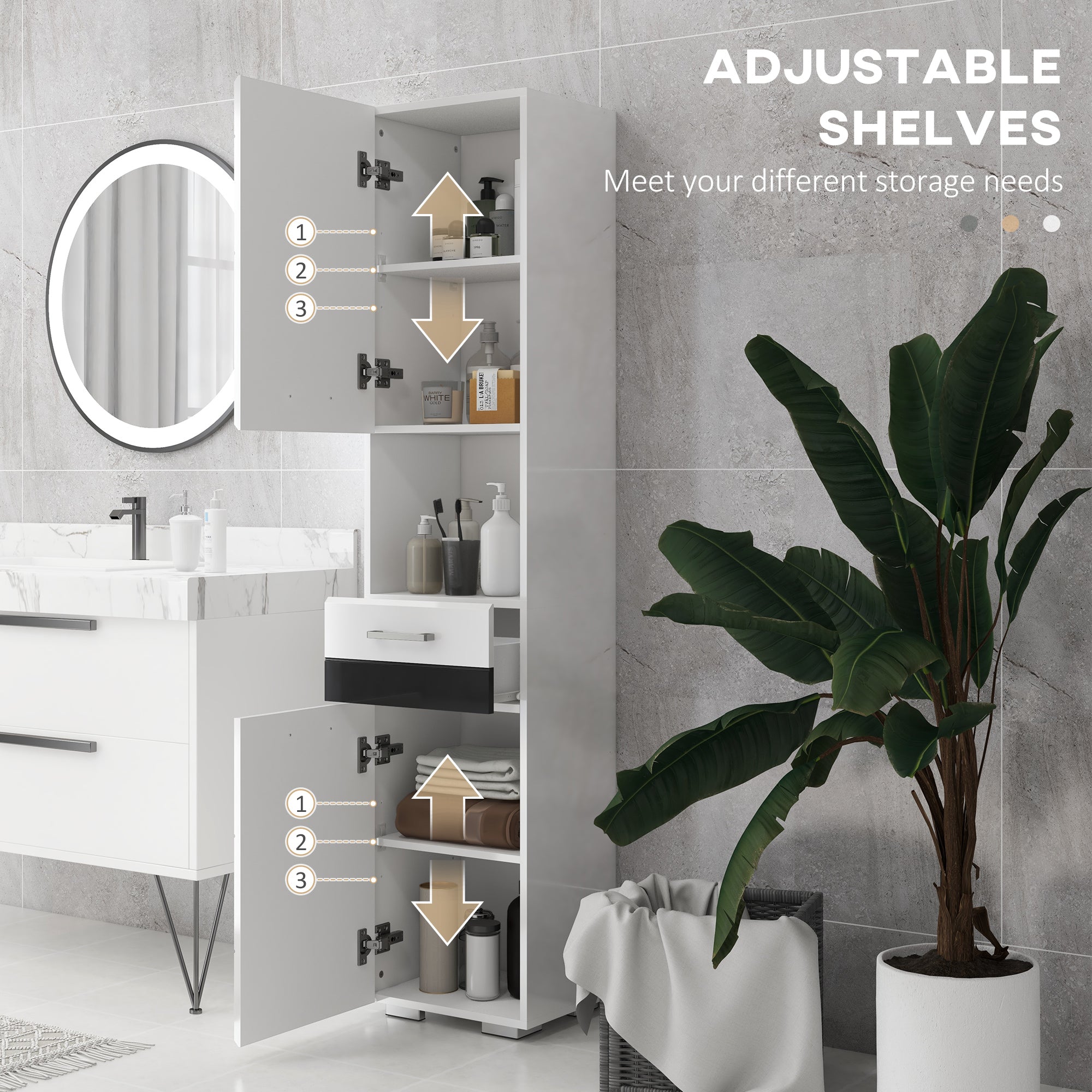 Easycomfort Colonna Bagno in MDF con Ripiano Aperto, Cassetto e Armadietto Chiuso, 37x32.5x170 cm, Bianco