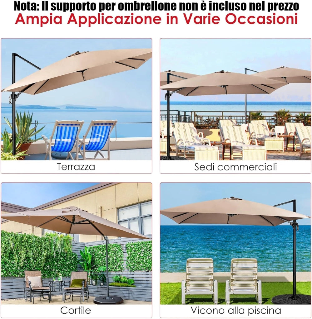 Ombrellone da Giardino 300 x 300cm | 3 Inclinazioni, Rotazione 360°, Manovella, 8 Stecche, Base Incrociata per Esterno (Caffè, 300 x 300 x 273 cm)