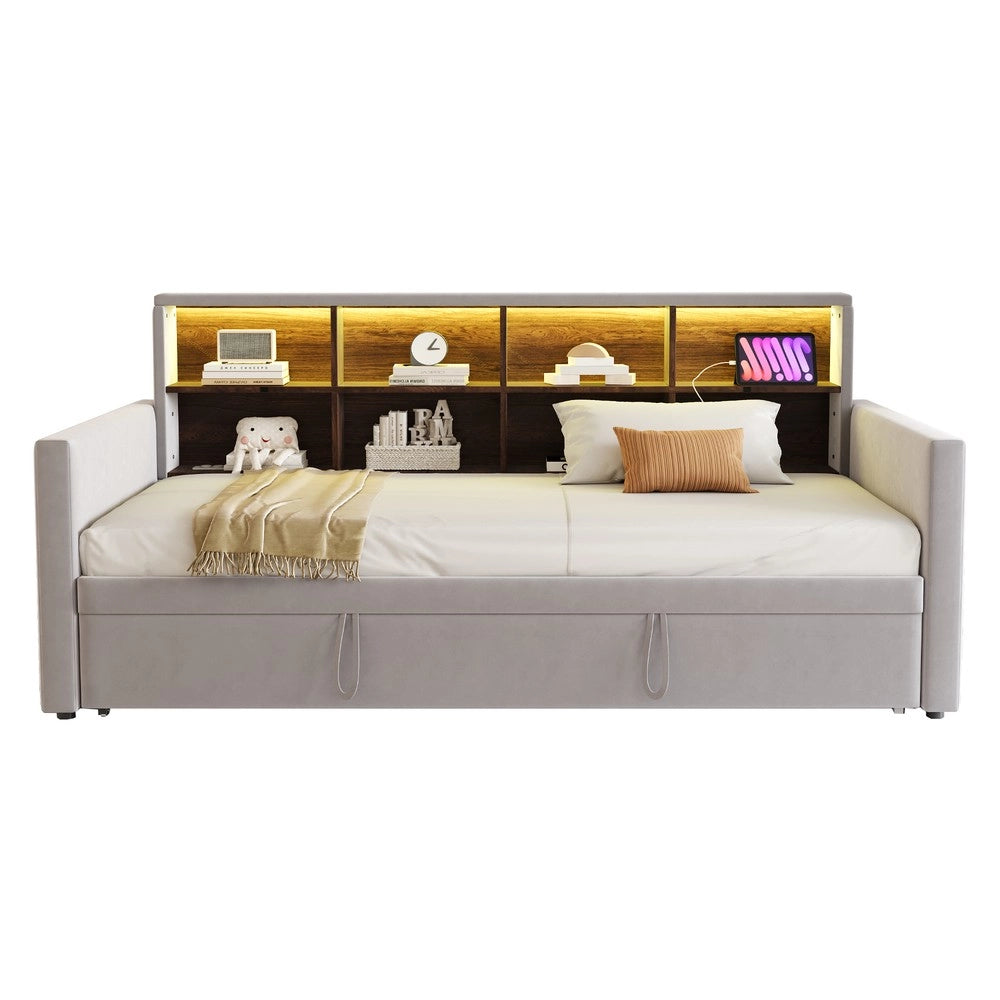 Letto Imbottito con Letto Estraibile, LED e Vani ¨C MINIMAL ¨C Velluto Grigio 90x190