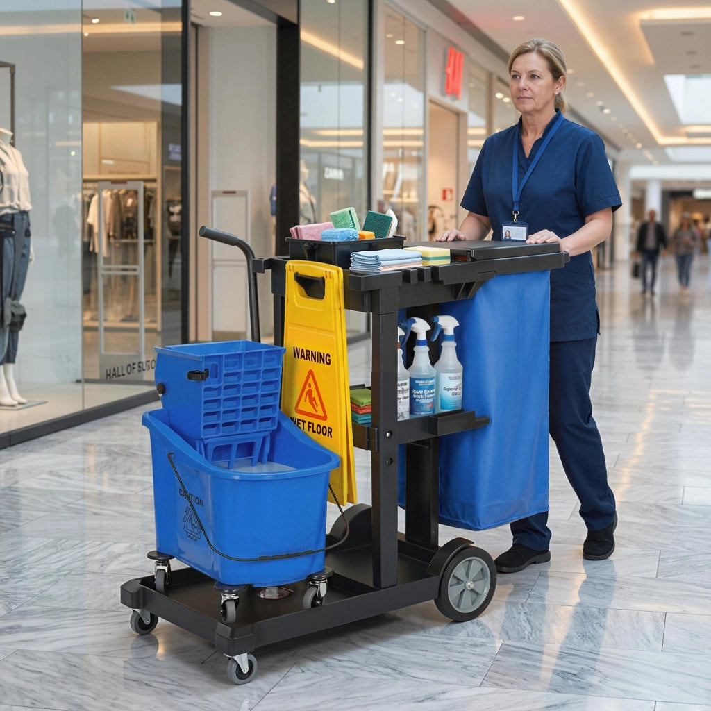Carrello per pulizia con 3 ripiani, secchio strizzamop e sacco 70 litri ¨C zephmum ¨C Blu
