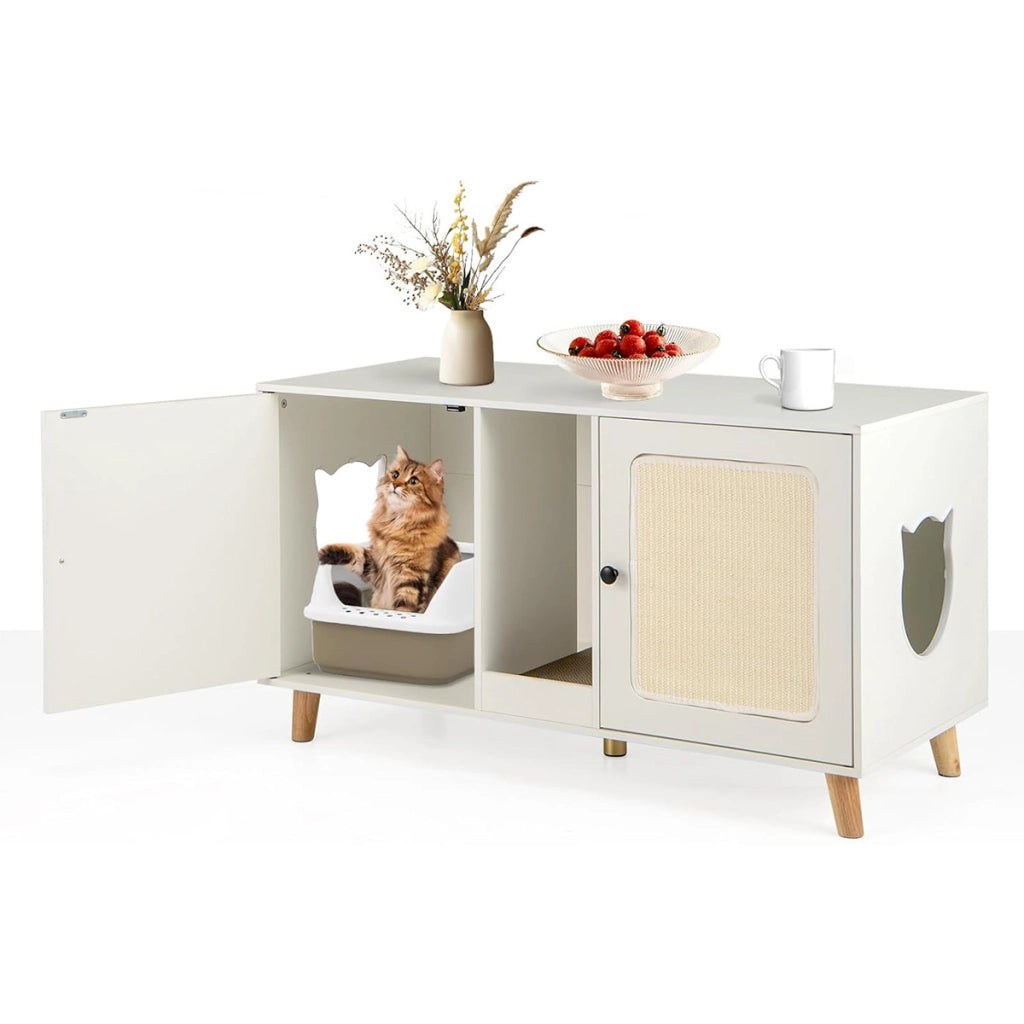 Lettiera per gatti enclosure per 2 gatti con toilette nascosta, Mobile laterale in legno moderno Bianco