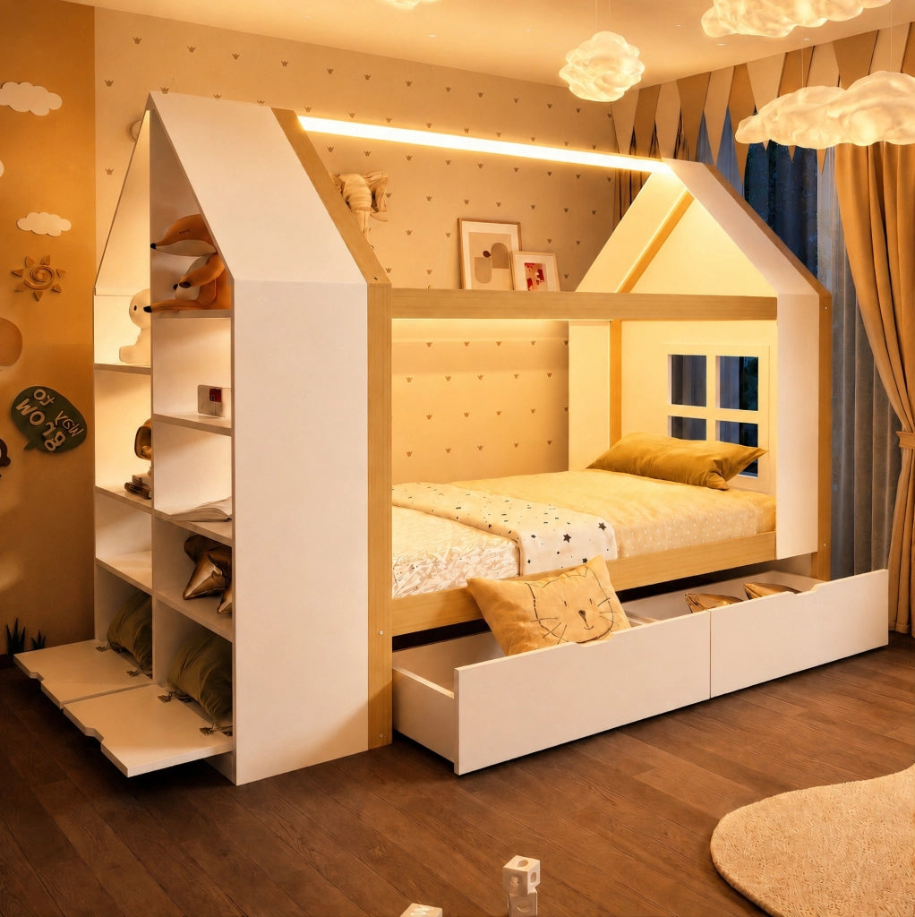 Letto bambini a forma di casa 90x200 cm con LED; 2 cassetti; in legno massello e MDF; bianco e naturale