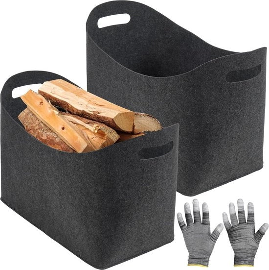 Borsa da stoccaggio per fuoco in legno - XL con guanti - 60 l grigio scuro - 55 x 30 x 40 cm - 2 pezzi.