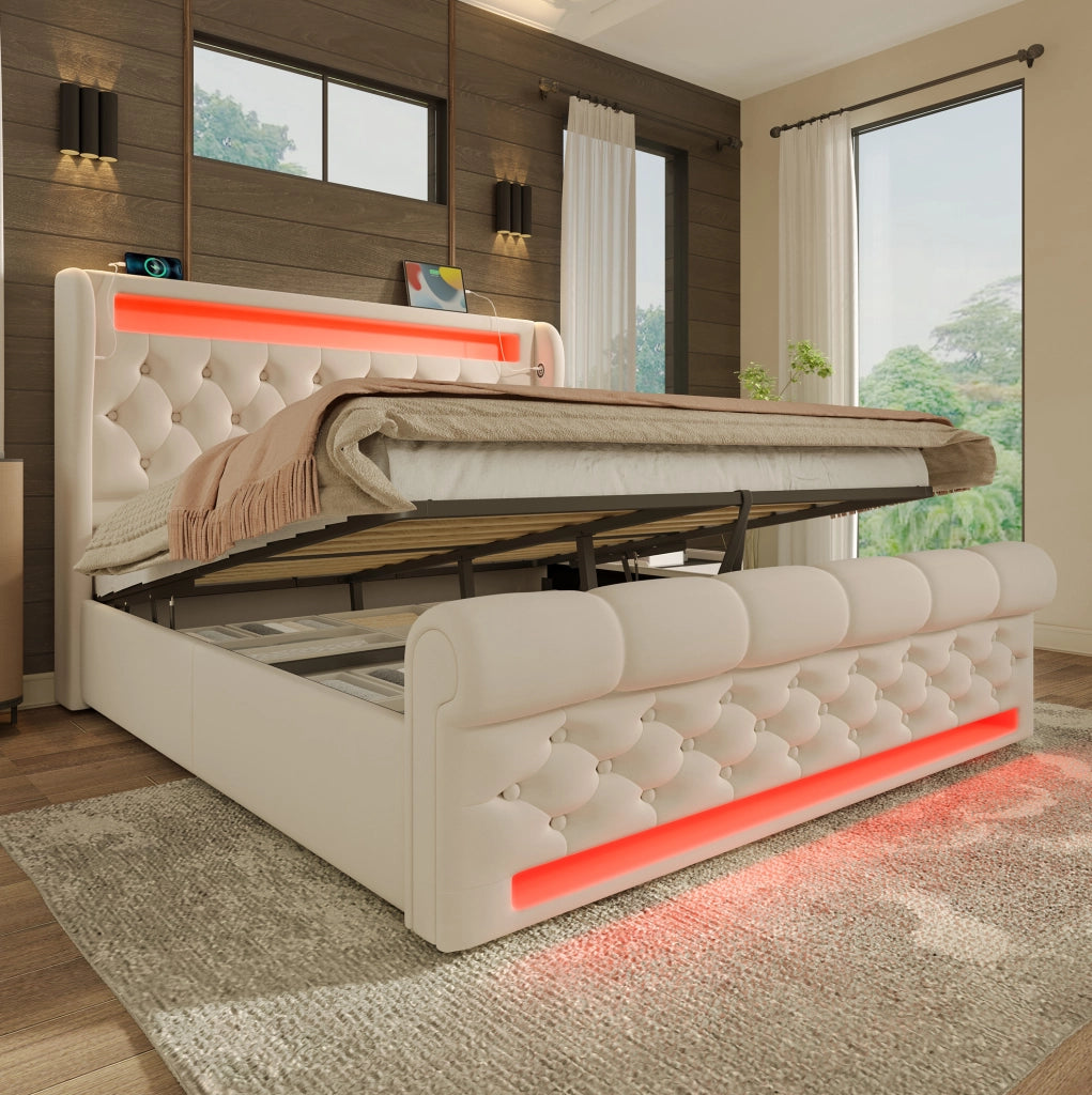 Letto matrimoniale 140x190 cm con LED, USB-C e vano contenitore