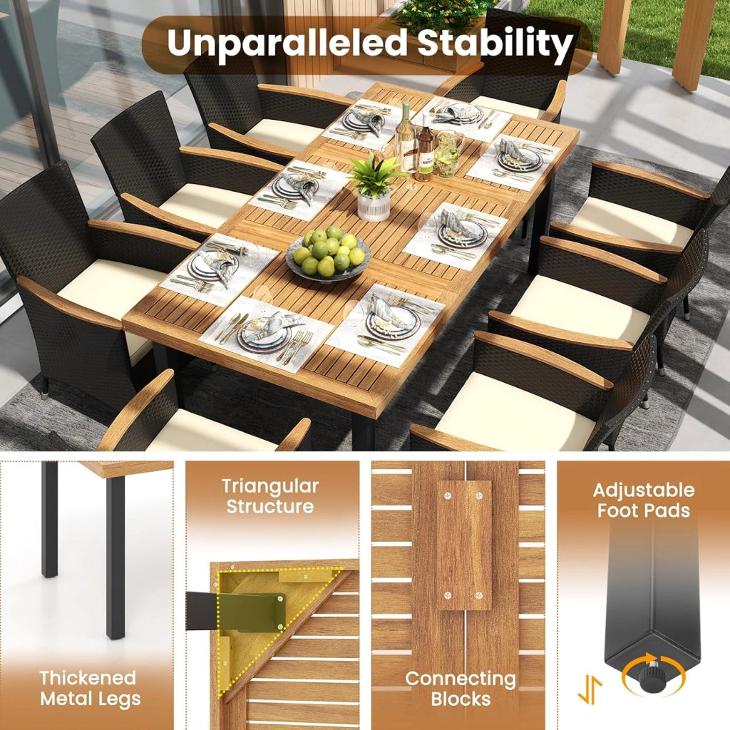 Tavolo da Giardino con Foro per Ombrellone, Tavolo da Pranzo in Legno di Acacia, Tavolo Rettangolare per 8 Persone, 200 x 100 x 75 cm, per Esterni, Balcone, Cortile, Patio (Modello C)