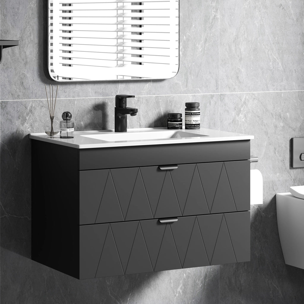 Mobiletto Sottolavabo Sospeso con Lavabo Ceramica e Cassetti Soft-Close ¨C zephmum ¨C Nero
