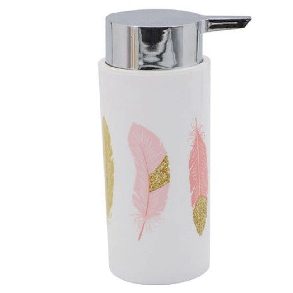 Trade Shop - Dispenser Porta Sapone Liquido Cilindrico Piume Bianco In Plastica 15,6cm 69798 -