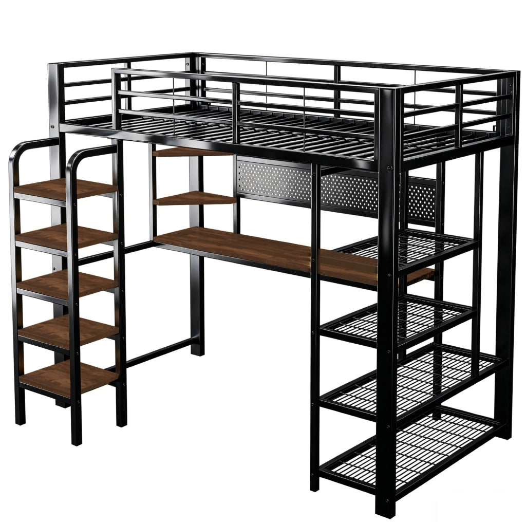 Letto a soppalco in metallo 90x200 cm con LED; scrivania; prese integrate e ripiani; nero