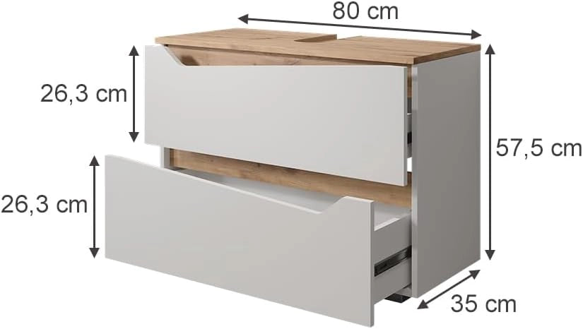 Mobile sottolavabo per bagno Marelle, Bianco/Artisan, 80 x 57.5 cm con 2 cassetti, adatto per l'installazione sotto lavabi standard