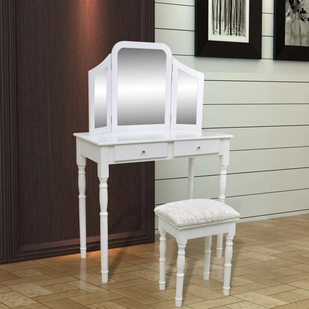 Toletta 3-in-1 con Specchio Sgabello e 2 Cassetti Bianca 241003
