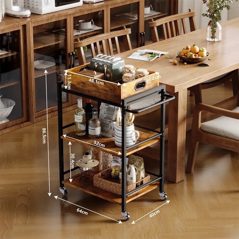 Carrello da cucina con vassoio rimovibile, marrone, stile vintage/retrò/loft, su ruote, 86 cm