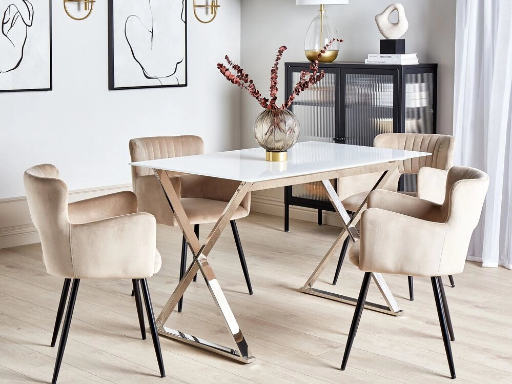Tavolo da pranzo in vetro temperato bianco e argento 120 x 70 cm gambe in metallo Attica soggiorno elegante