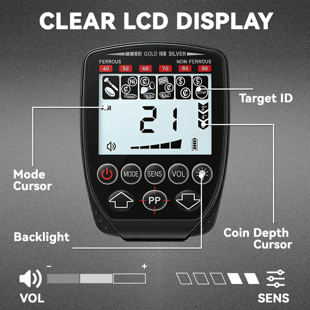Metal Detector per Adulti 139x26x30 cm 4 Modalità Bobina IP68 Impermeabile Display LCD Nero