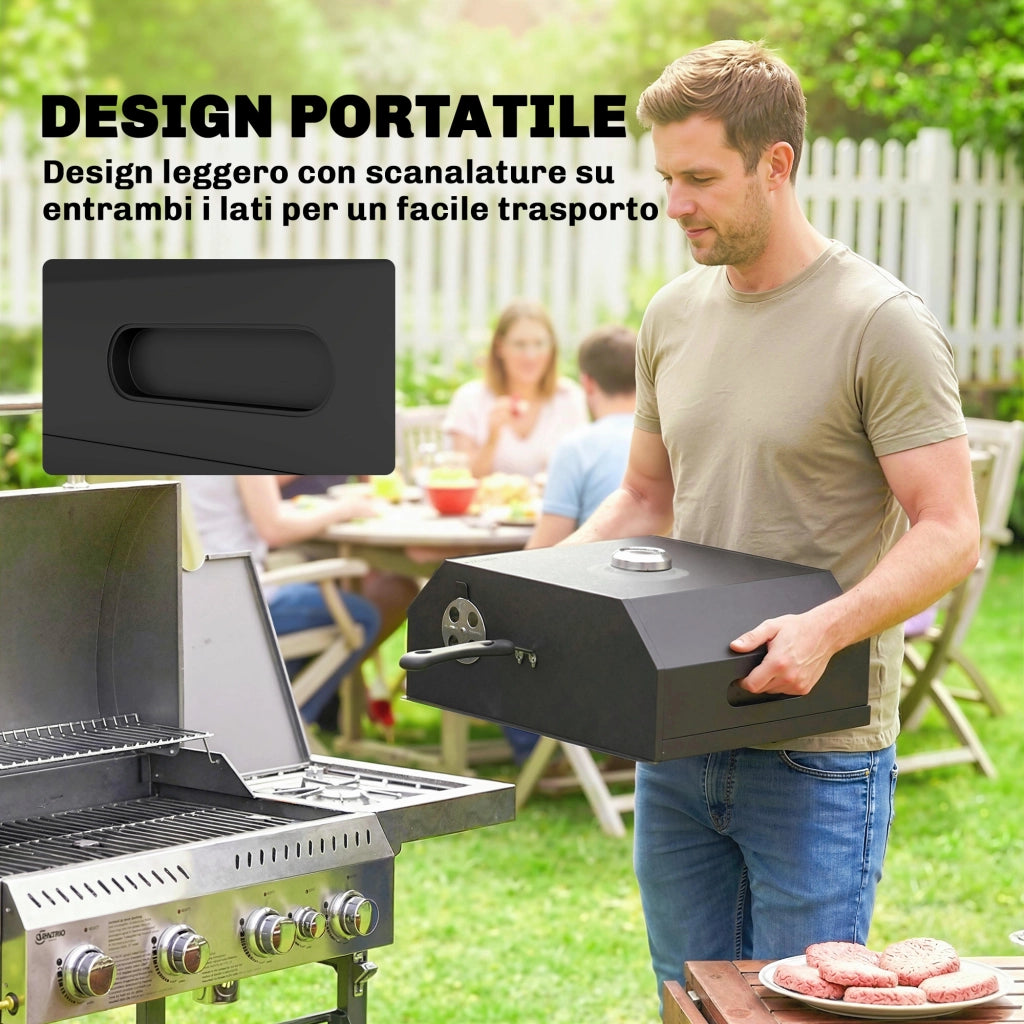 Mini Forno per Pizza da Barbecue 53x40x18,5 cm con Pietra in Cordierite e Termometro in Metallo Nero