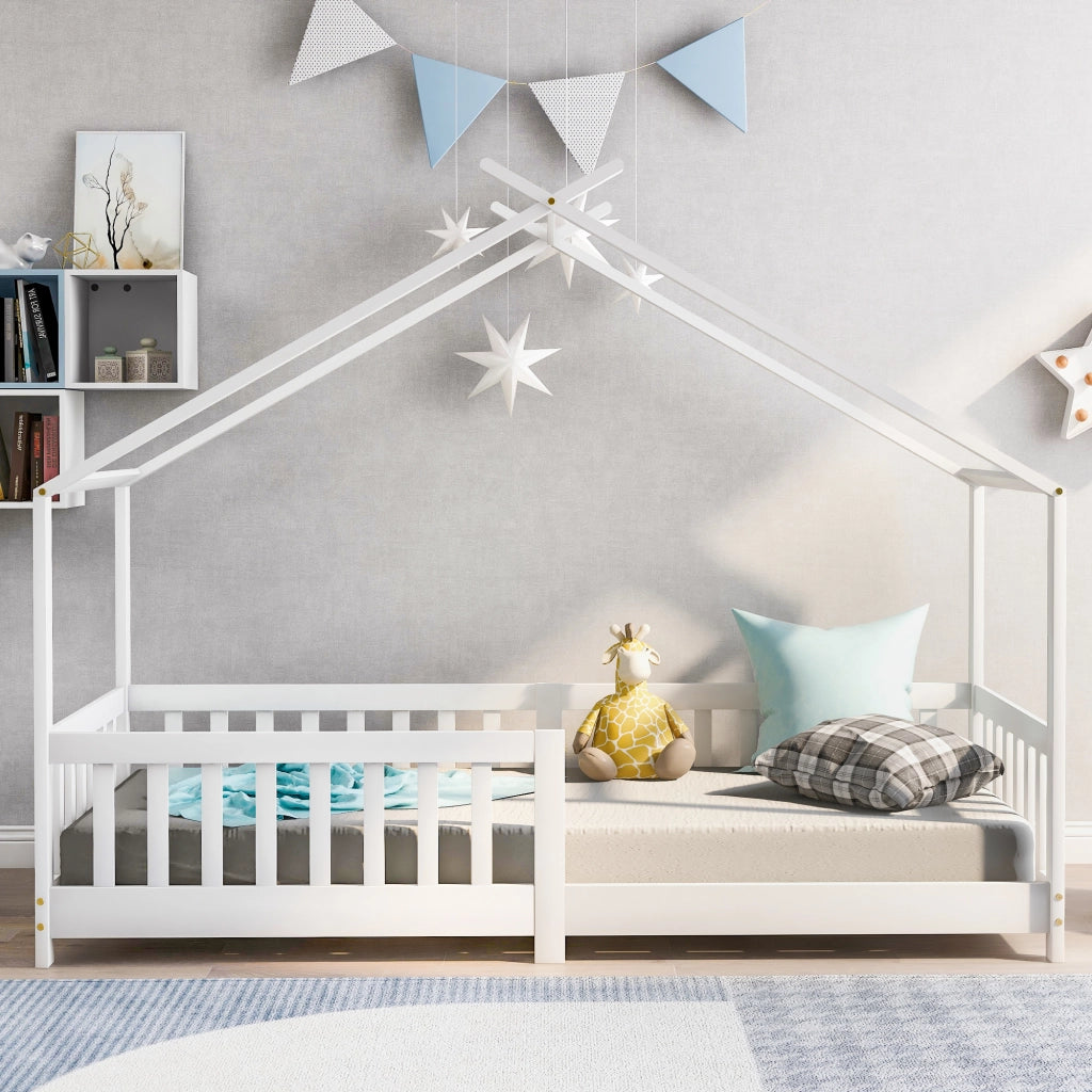 OKWISH Letto a Casetta 90×200 cm, Letto Singolo con Sponde di Sicurezza, Spazio Contenitore, senza Materasso, in Legno Massello, Bianco