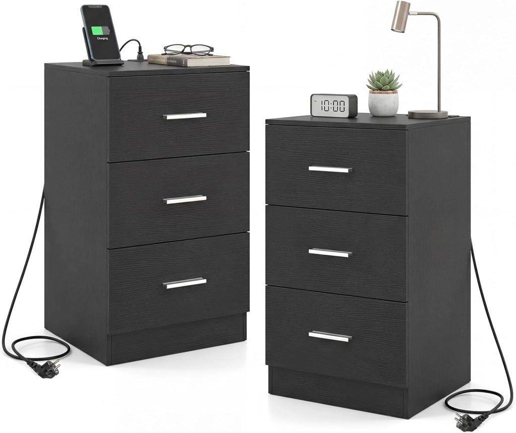 Comodino Camera da Letto 37 x 34 x 66,5cm, Cassettiera in Legno Moderno con 3 Cassetti, Mobile Salvaspazio per Soggiorno, Ufficio e Camerretta (2,Nero)