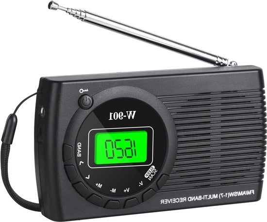 Radio Portatile FM/AM/SW con Visualizzazione a Schermo - Collegamento Orecchino - Alimentazione a Batterie AA - Funzione Orario - Adatto per Escursioni, Jogging e Campeggio