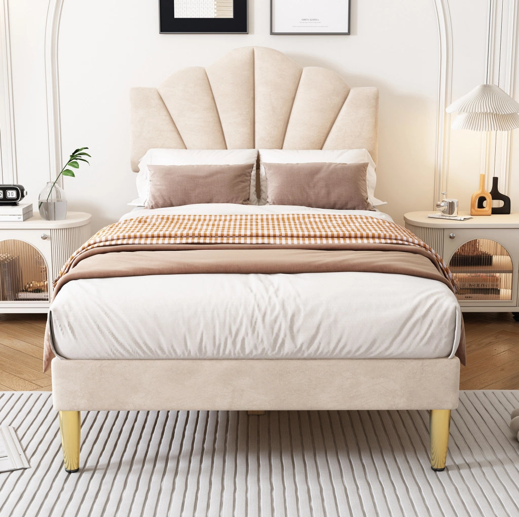 Letto singolo imbottito in velluto beige 90x200 cm