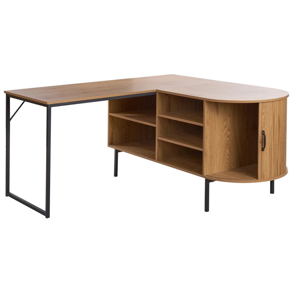 Scrivania da ufficio  marrone chiaro con MDF nero 140 x 140 cm Struttura in ferro con 3 ripiani Porta scorrevole