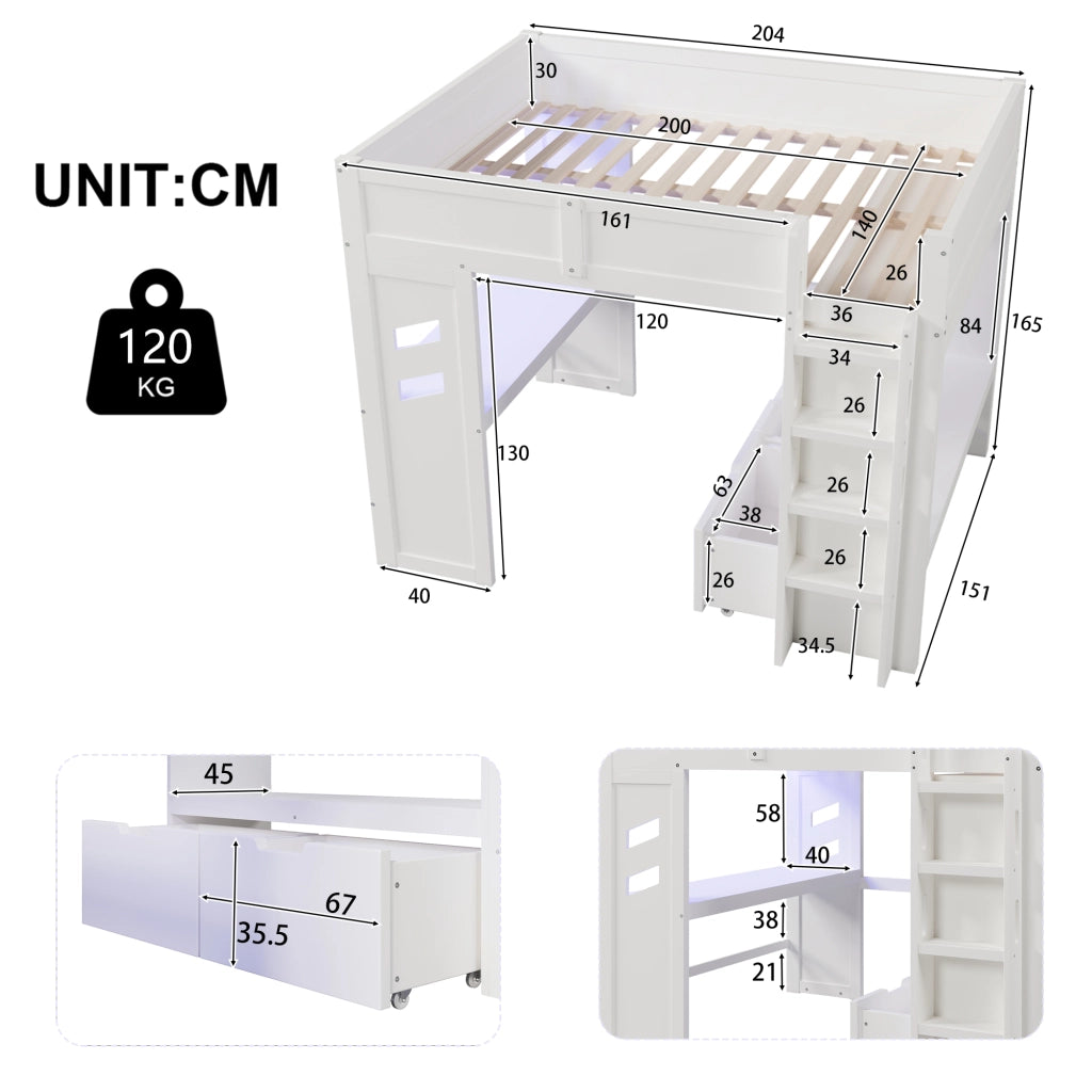 OKWISH Letto a soppalco 140×200 cm, Letto Matrimoniale con Scrivania, LED Regolabile, USB, Tipo C e 2 Cassetti, senza Materasso, Bianco