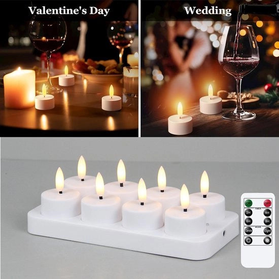 Lanterne a batterie con telecomando e timer, 8 pezzi, 3D effetto fiamma, non fumanti, con stazione di ricarica per decorazioni di Natale e Halloween (4 x 4,7 cm)