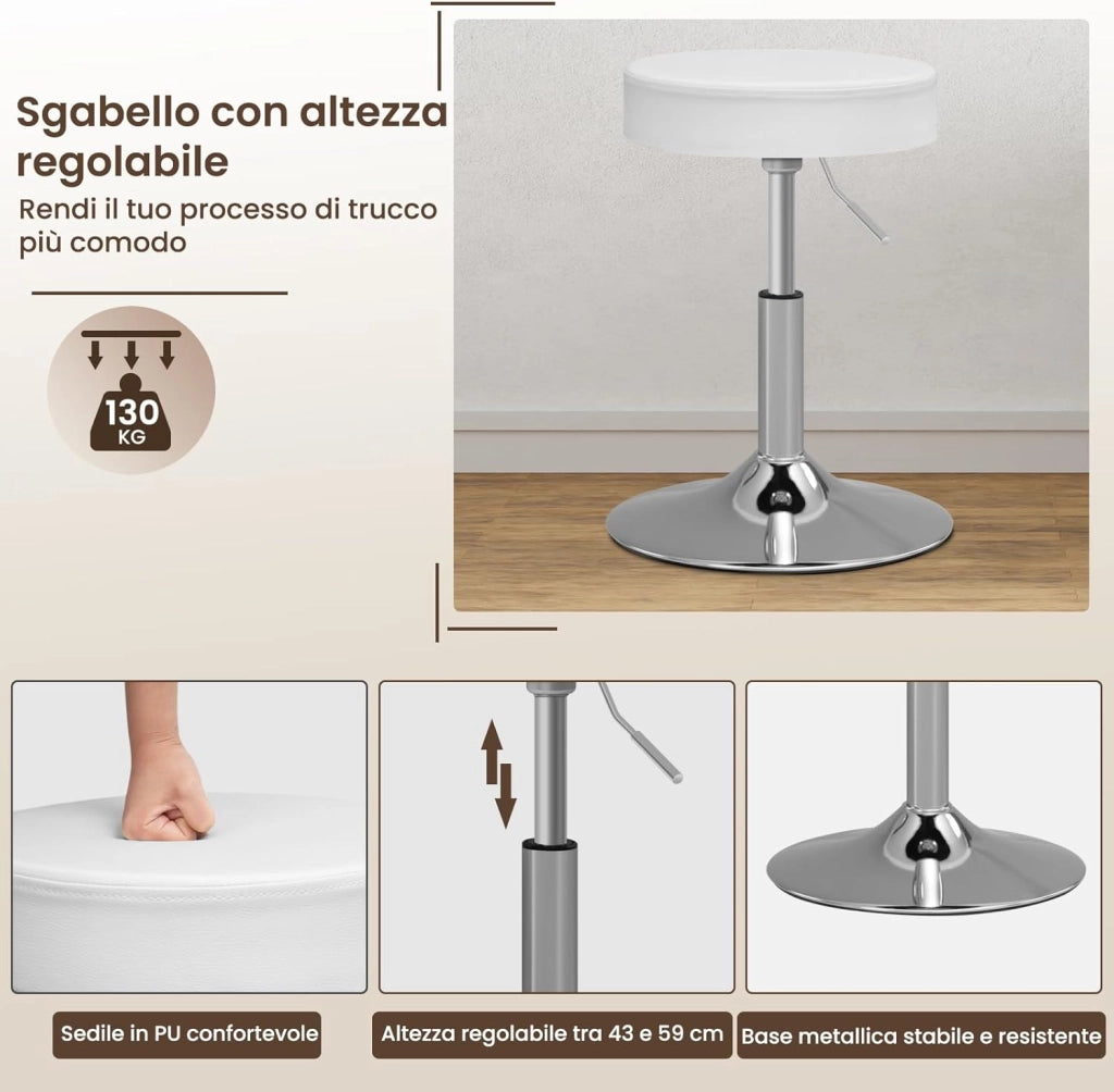 Toeletta Trucco con Specchio, Luci LED Luminosità Regolabile, Sgabello Girevole, 108x40 cm, Tavolo da Trucco Bianco con 2 Cassetti e 4 Ripiani, in Legno, MB6106ws