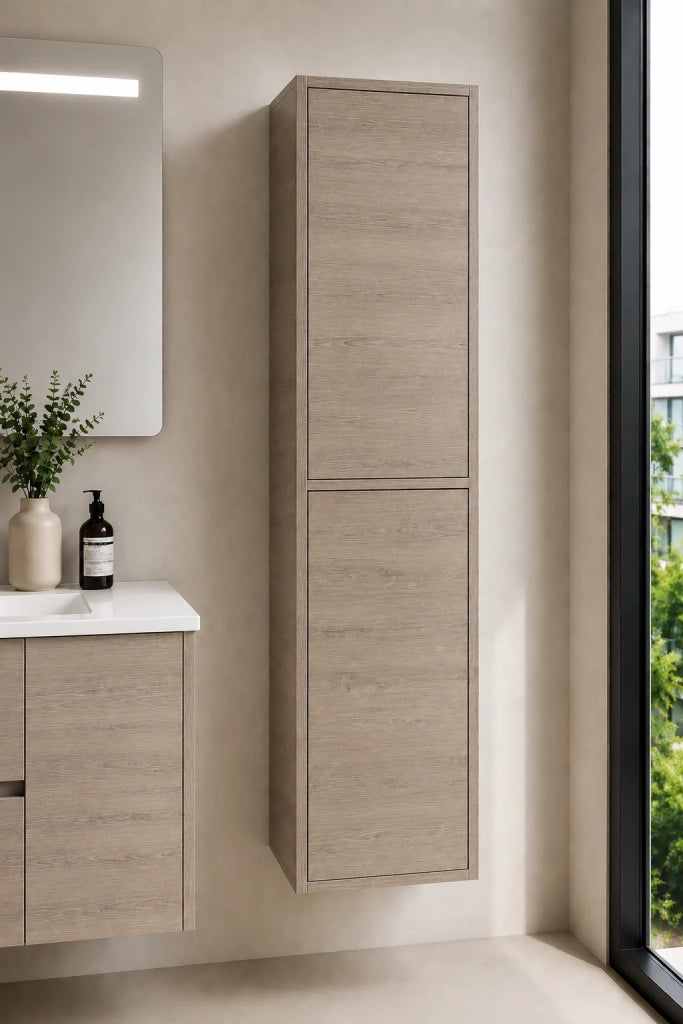 Set mobile bagno VOLUM 120x45 cm Estepa con lavabo, specchio LED, colonna 140 cm e rubinetto