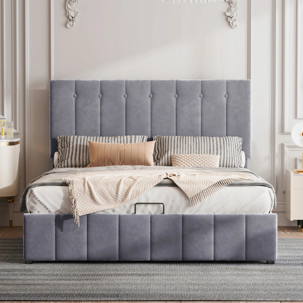 Letto matrimoniale - Xylo - 140x200 - Grigio - Idraulico e velluto
