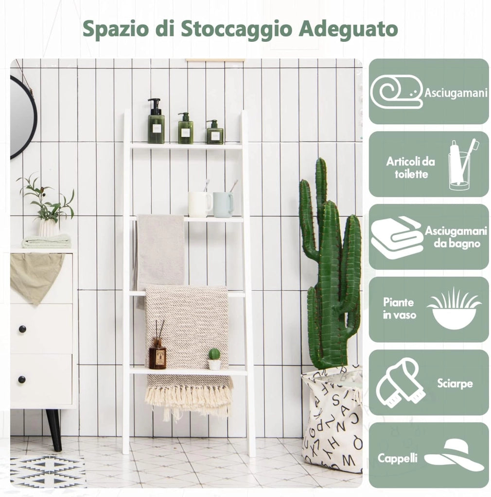 Scaffale di Stoccaggio in Legno di Pino, Porta Asciugamani a 4 Livelli per Bagno, Porta Salviette, Multiuso per Bagno Soggiorno, 51x8x137 cm (Bianco)
