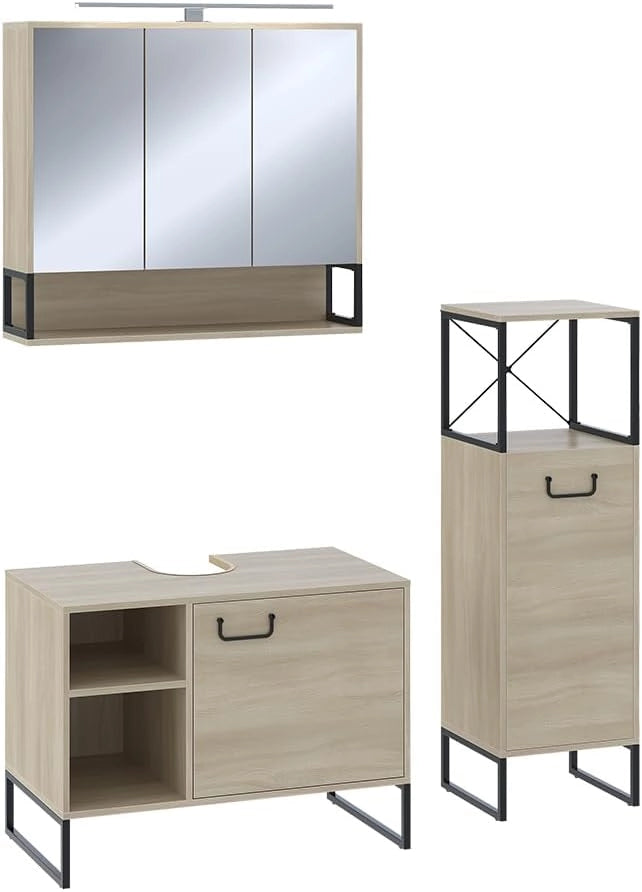 Set di mobili da bagno Vionna, Quercia/nero, 80 cm, composto da mobile sottolavabo, specchiera e mobile medio