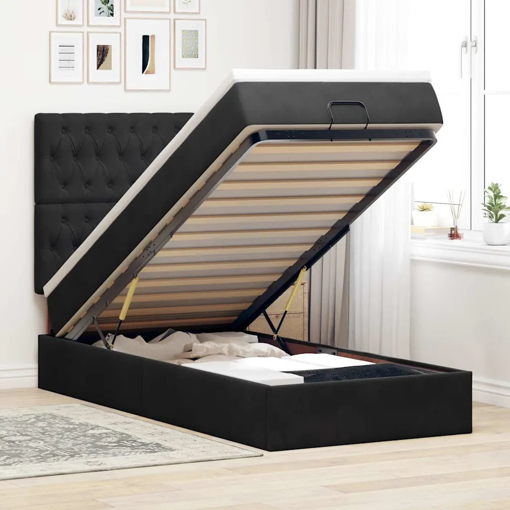 Struttura Letto Pouf con Materassi Nero 90x200 cm in Velluto