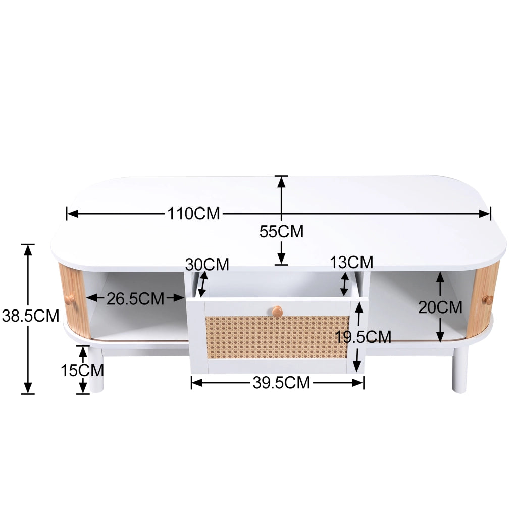 Tavolino da caffè 110x55x38.5 cm; con ampio spazio contenitore; MDF; bianco e colore naturale