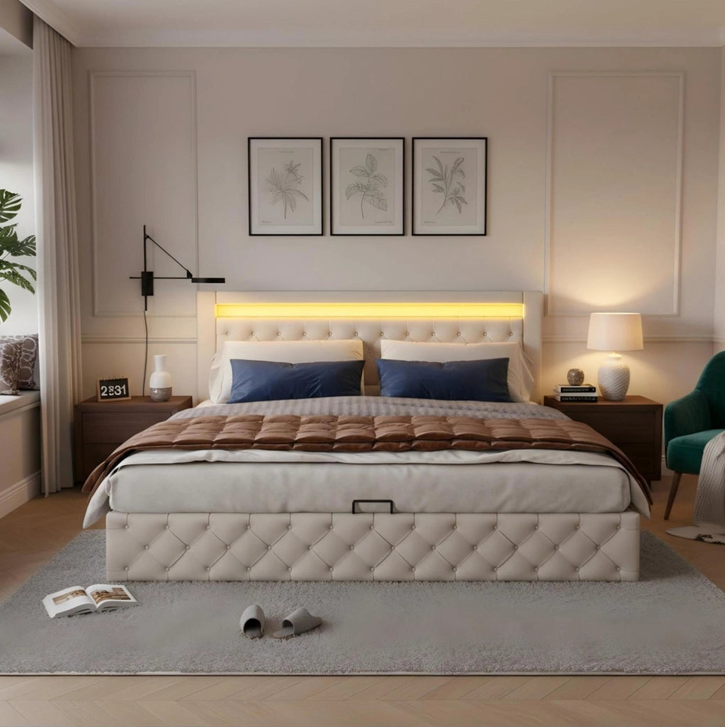 Letto imbottito 140x190 cm con contenitore; rete a doghe; LED; PU bianco